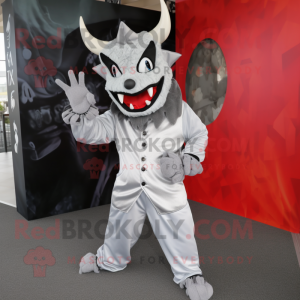 Silver Devil mascot costume character dressed with a Parka and Pocket squares