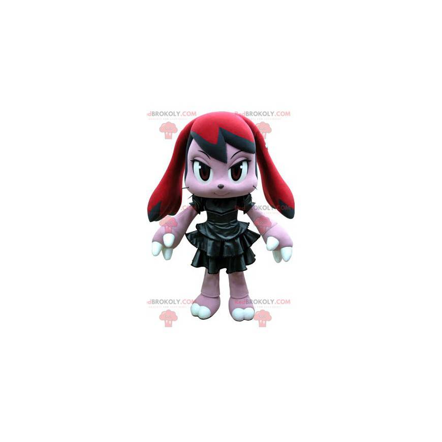 Mascota de conejo rosa y rojo con un vestido negro -