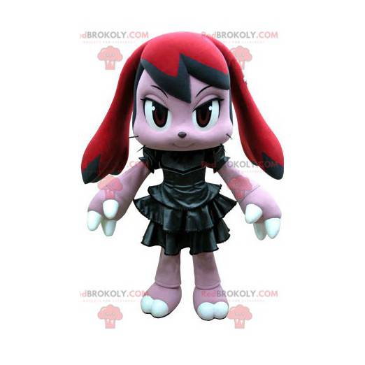 Rosa und rotes Kaninchenmaskottchen mit einem schwarzen Kleid -