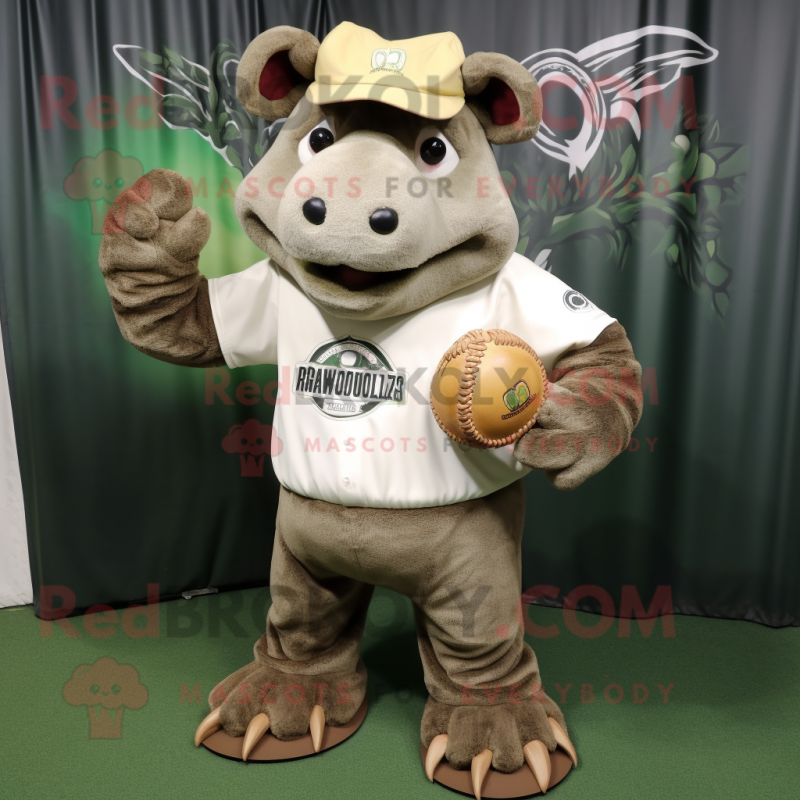 Olive Woolly Rhinoceros mascot costume character dressed with a Baseball Tee and Pocket squares Olive Woolly Rhinoceros mascot costume character dressed with a Baseball Tee and Pocket squares