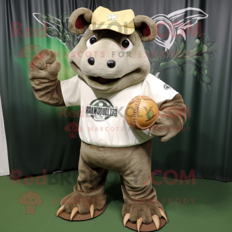 Olive Woolly Rhinoceros mascot costume character dressed with a Baseball Tee and Pocket squares