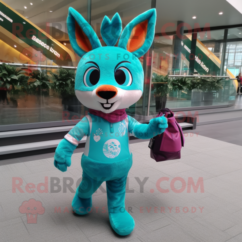 Turquoise Roe Deer mascot costume character dressed with a Leggings and Handbags