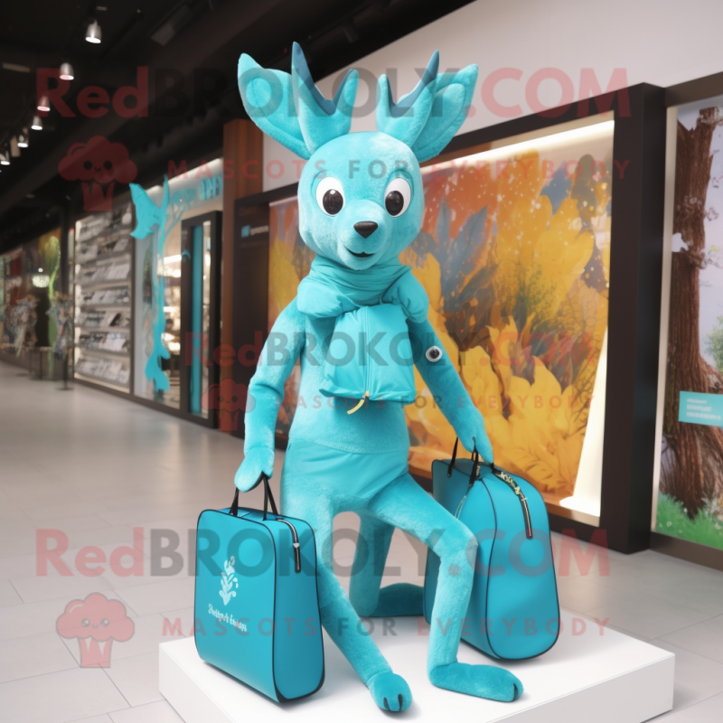Turquoise Roe Deer mascot costume character dressed with a Leggings and Handbags Turquoise Roe Deer mascot costume character dressed with a Leggings and Handbags