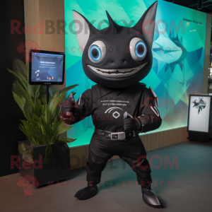 Black Swordfish mascot costume character dressed with a Romper and Smartwatches
