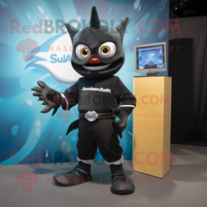 Black Swordfish mascot costume character dressed with a Romper and Smartwatches