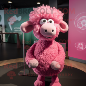 Pink Merino Sheep mascot costume character dressed with a Graphic Tee and Hairpins