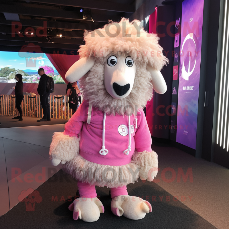 Pink Merino Sheep mascot costume character dressed with a Graphic Tee and Hairpins