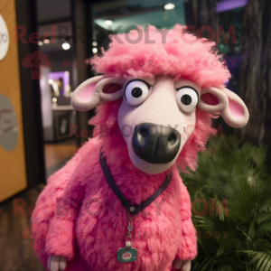 Pink Merino Sheep mascot costume character dressed with a Graphic Tee and Hairpins