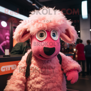 Pink Merino Sheep mascot costume character dressed with a Graphic Tee and Hairpins