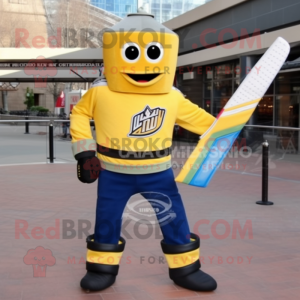 Gold Ice Hockey Stick mascot costume character dressed with a Flare Jeans and Wallets