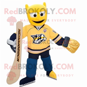 Gold Ice Hockey Stick mascot costume character dressed with a Flare Jeans and Wallets