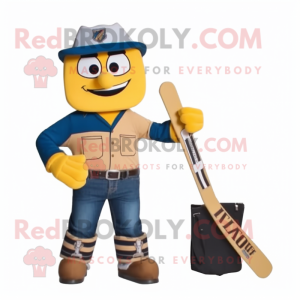 Gold Ice Hockey Stick mascot costume character dressed with a Flare Jeans and Wallets
