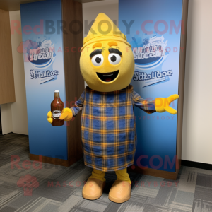 Blue Bottle Of Mustard mascot costume character dressed with a Flannel Shirt and Shawls