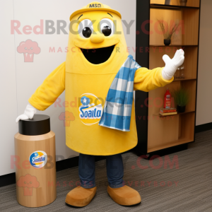 Blue Bottle Of Mustard mascot costume character dressed with a Flannel Shirt and Shawls