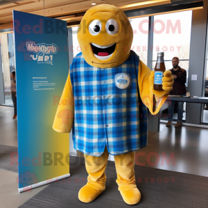 Blue Bottle Of Mustard mascot costume character dressed with a Flannel Shirt and Shawls