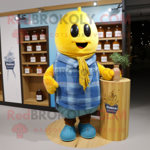 Blue Bottle Of Mustard mascot costume character dressed with a Flannel Shirt and Shawls