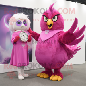Magenta Dove mascot costume character dressed with a Mini Dress and Watches