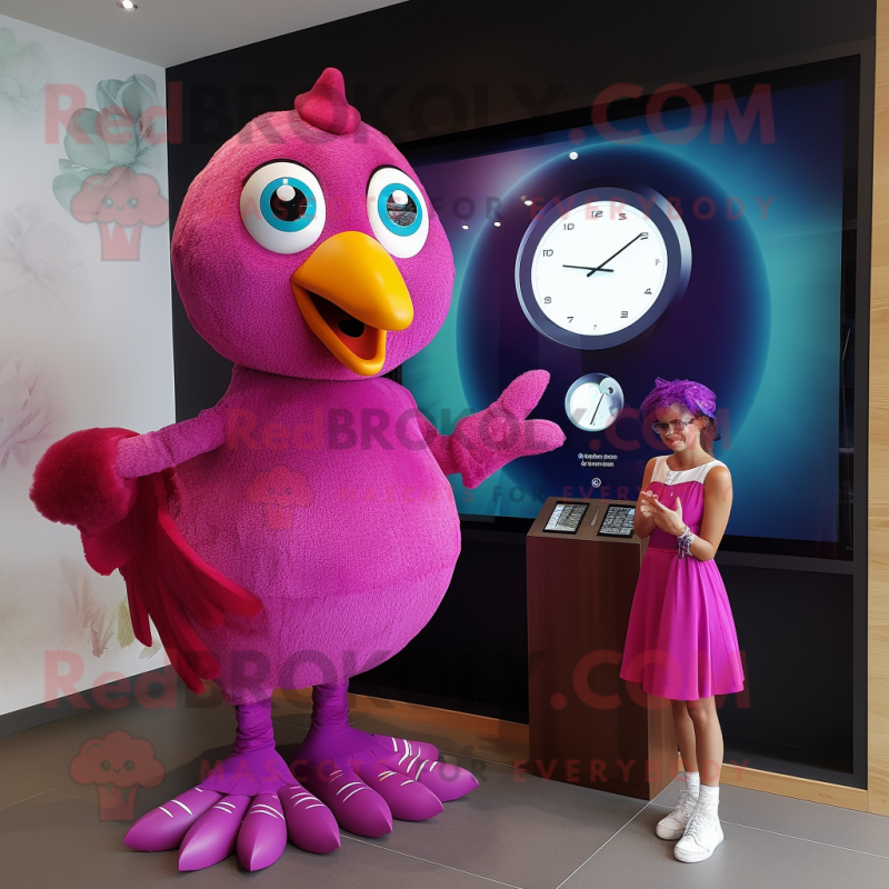 Magenta Dove mascot costume character dressed with a Mini Dress and Watches Magenta Dove mascot costume character dressed with a Mini Dress and Watches