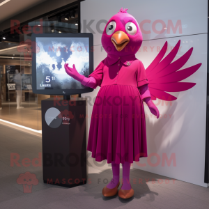 Magenta Dove mascot costume character dressed with a Mini Dress and Watches