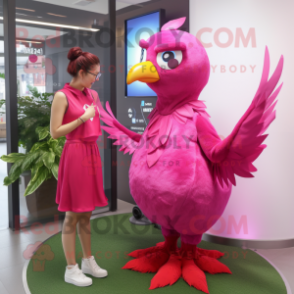 Magenta Dove mascot costume character dressed with a Mini Dress and Watches