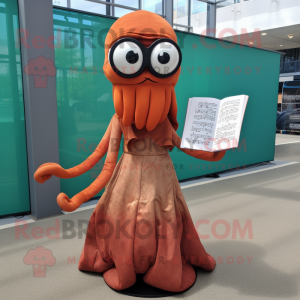 Rust Squid mascot costume character dressed with a Ball Gown and Reading glasses