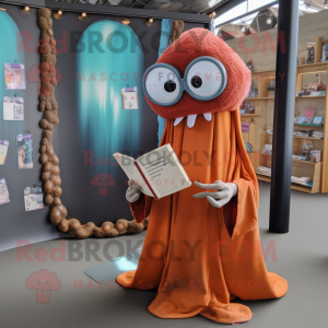 Rust Squid mascot costume character dressed with a Ball Gown and Reading glasses