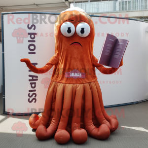Rust Squid mascot costume character dressed with a Ball Gown and Reading glasses
