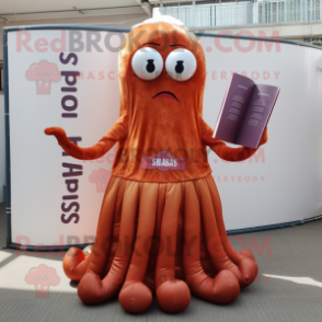 Rust Squid mascot costume character dressed with a Ball Gown and Reading glasses