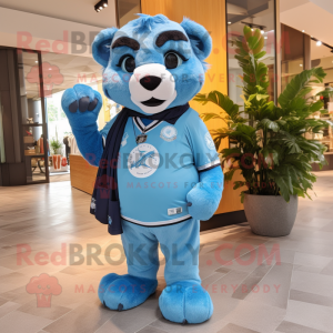 Sky Blue Panther mascot costume character dressed with a Polo Shirt and Scarves