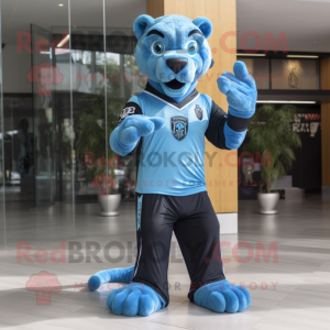 Sky Blue Panther mascot costume character dressed with a Polo Shirt and Scarves