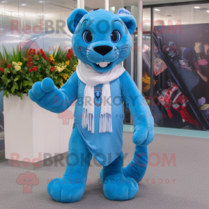 Sky Blue Panther mascot costume character dressed with a Polo Shirt and Scarves
