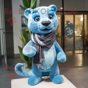 Sky Blue Panther mascot costume character dressed with a Polo Shirt and Scarves