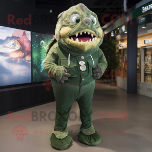Forest Green Piranha mascot costume character dressed with a Trousers and Brooches