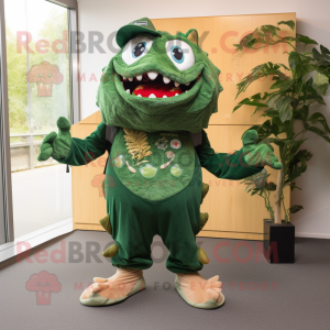 Forest Green Piranha mascot costume character dressed with a Trousers and Brooches