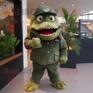 Forest Green Piranha mascot costume character dressed with a Trousers and Brooches
