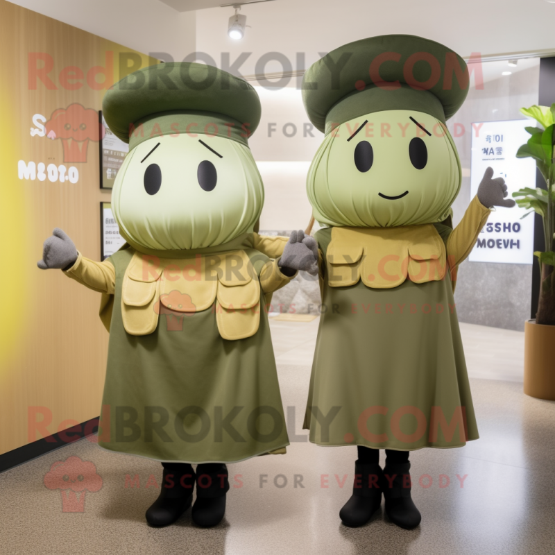Olive Miso Soup mascot costume character dressed with a Shift Dress and Berets Olive Miso Soup mascot costume character dressed with a Shift Dress and Berets