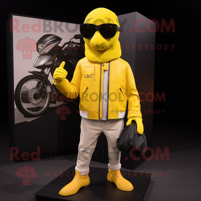 Lemon Yellow Albatross mascot costume character dressed with a Biker Jacket and Wallets