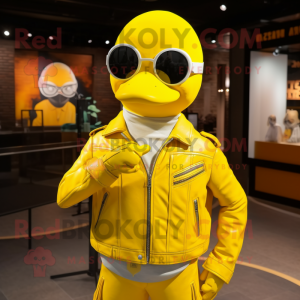 Lemon Yellow Albatross mascot costume character dressed with a Biker Jacket and Wallets