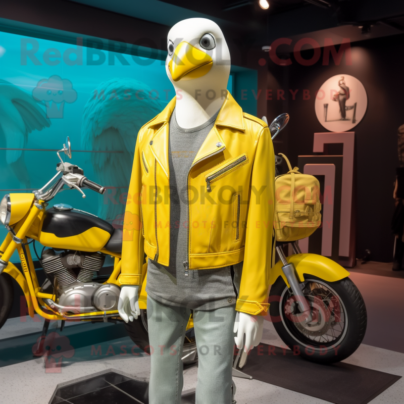 Lemon Yellow Albatross mascot costume character dressed with a Biker Jacket and Wallets Lemon Yellow Albatross mascot costume character dressed with a Biker Jacket and Wallets