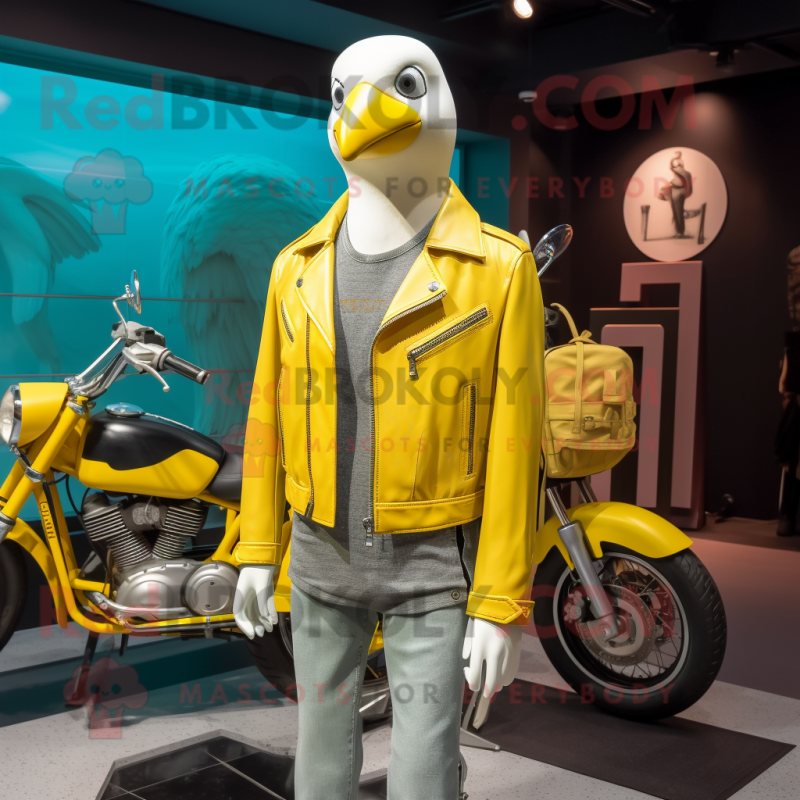 Lemon Yellow Albatross mascot costume character dressed with a Biker Jacket and Wallets