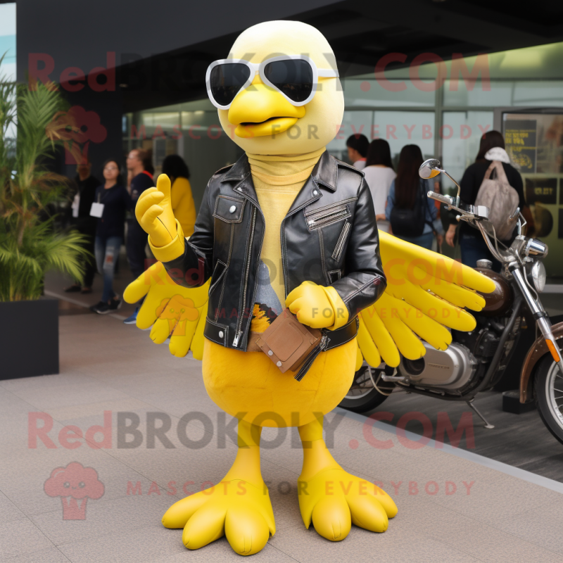 Lemon Yellow Albatross mascot costume character dressed with a Biker Jacket and Wallets