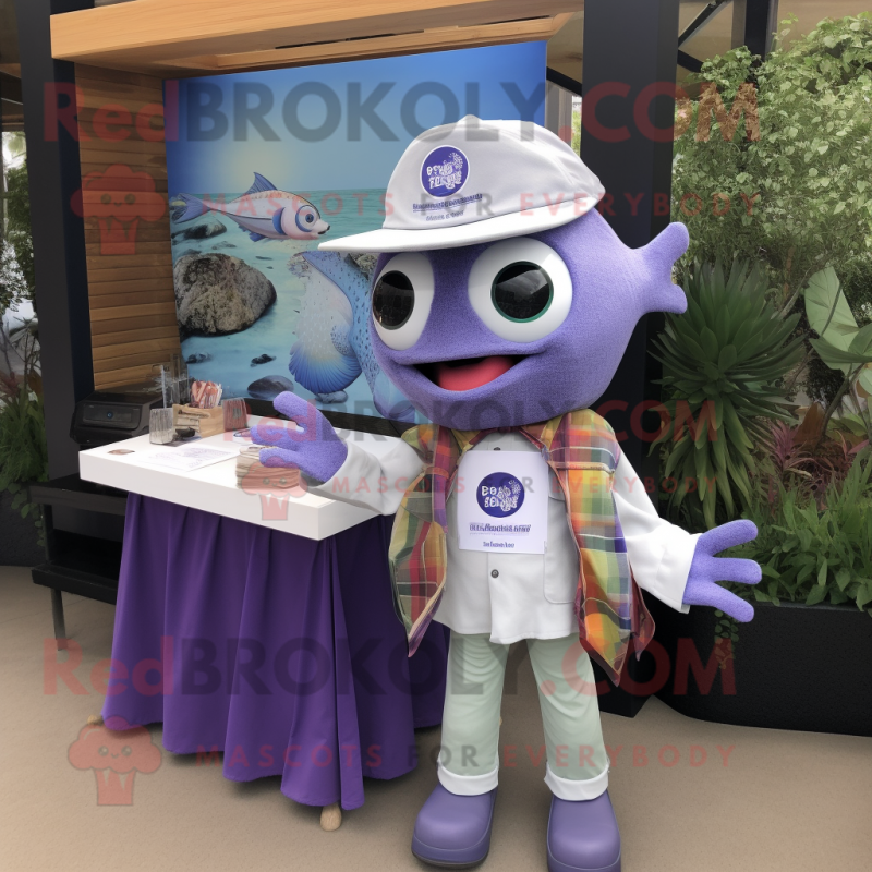 Lavender Fish Tacos mascot costume character dressed with a Oxford Shirt and Wallets Lavender Fish Tacos mascot costume character dressed with a Oxford Shirt and Wallets