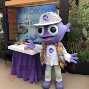 Lavender Fish Tacos mascot costume character dressed with a Oxford Shirt and Wallets