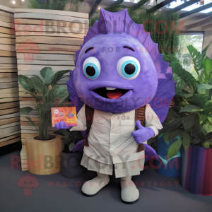 Lavender Fish Tacos mascot costume character dressed with a Oxford Shirt and Wallets