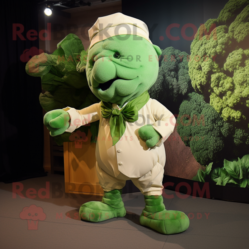 Green Cauliflower mascot costume character dressed with a Cargo Pants and Bow ties Green Cauliflower mascot costume character dressed with a Cargo Pants and Bow ties