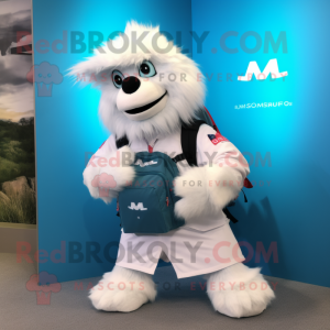 White Momentum mascot costume character dressed with a Bermuda Shorts and Backpacks