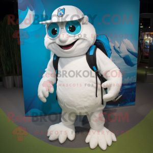 White Momentum mascot costume character dressed with a Bermuda Shorts and Backpacks