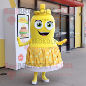 Lemon Yellow Burgers mascot costume character dressed with a A-Line Skirt and Coin purses