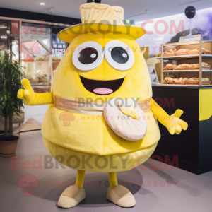 Lemon Yellow Burgers mascot costume character dressed with a A-Line Skirt and Coin purses