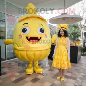 Lemon Yellow Burgers mascot costume character dressed with a A-Line Skirt and Coin purses